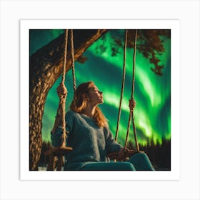 Girl in swing looking at the Aurora borealis Art Print