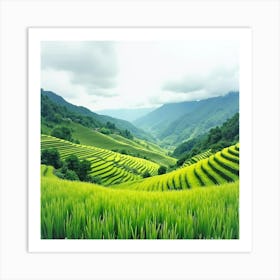 Watercolor Landscape Of Rice Terraces, Vibrant Greens Under A Cloudy Sky 1 Art Print