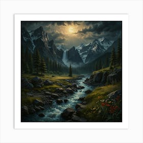 Mountain Stream At Night Art Print