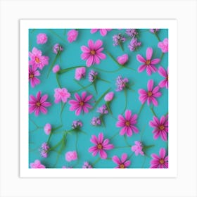 Pink Flowers On A Turquoise Background Art Print