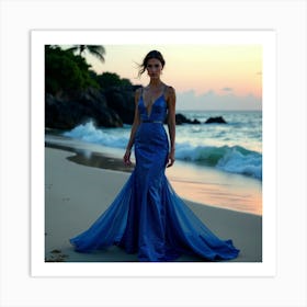 Blue Evening Dress On The Beach Art Print