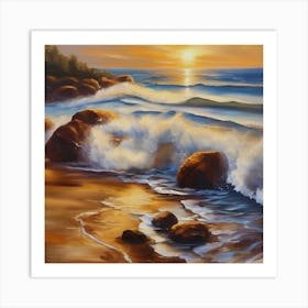 The sea. Beach waves. Beach sand and rocks. Sunset over the sea. Oil on canvas artwork.17 Art Print