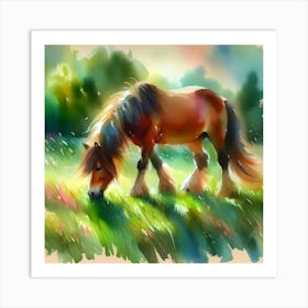 Watercolor Horse Grazing In The Meadow Art Print