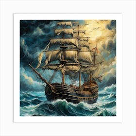 Pirate Ship In Stormy Sea Art Print