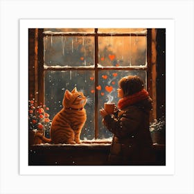 Cat and Person Sharing Hot Cocoa Artwork 4 Art Print