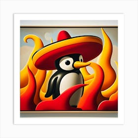 A Sizzling Penguin With A Velvet Sombrero, Inspired By The Playful Sculptures Of Claes Oldenburg, With A Spicy Red And Yellow Palette, Where The Penguin Is In Focus And The Background Is Blurred Into Abstract Shapes 1 Art Print