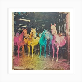 Rainbow Retro Horses In The Barn Abstract Collage Art Print