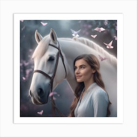 White Horse With Butterflies 1 Art Print