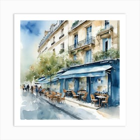 Paris Street Cafe Scene Illustration Sage Blue Watercolour Art Print