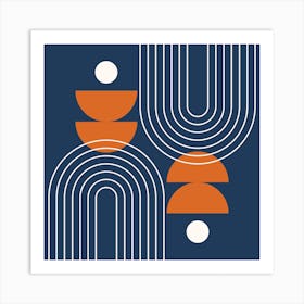 Mid Century Modern Geometric Abstract Rainbow, Moon Phases and Sun in Navy Blue Retro Burnt Orange Art Print