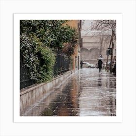 The Girl With The Umberella In The Rainy Streets Of Rome Italy Travel Square Art Print