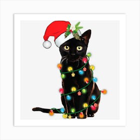 Santa Black Cat Tangled Up In Christmas Tree Lights Holiday Art Print