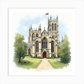 Watercolor View Of The Bath Abbey, Showcasing Its Gothic Architecture And Scenic Surroundings Art Print