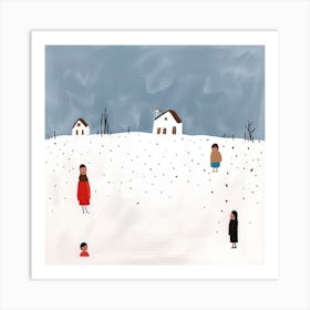 Winter Snow Scene, Tiny People And Illustration 1 Art Print
