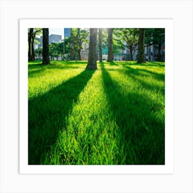 Bright Green Grass Under A Radiant Sun Swathed In Tokyo City Stands Out Against The Contrasting Sh (4) Art Print