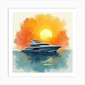 Sleek Yacht Amidst Watercolor Golden Sunset 1 Art Print