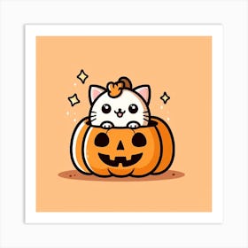 Cute Cat In A Pumpkin Kawaii Cartoon Anime Styled Halloween Design Art Print