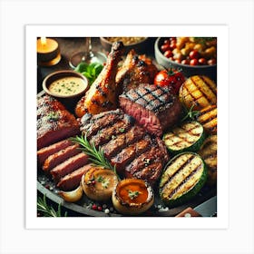 A Close Up Of A Plate Of Grilled Meats, Including Art Print