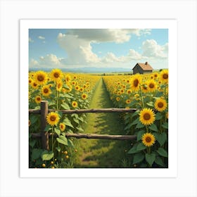 A Picturesque Scene Of A Field Of Wild Sunflowers With A Rustic Fence 1 Art Print