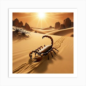 A Lone, Golden Brown Scorpion With Razor Sharp Tail And Menacing Gaze Walking Slowly Across The Desert Sand 3 Art Print