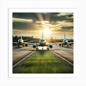 Three airplanes on a runway at sunset, with the sun shining behind them. Art Print