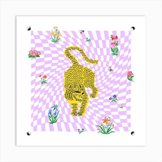 Tiger Flowers Checkerboard Square Art Print