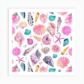 Sea Shells Tropical Pink Square Art Print