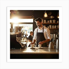 Cafe Interior Early Morning Barista Clad In A Crisp Apron With Visible Badges Of Skill Steam Waft (2) Art Print