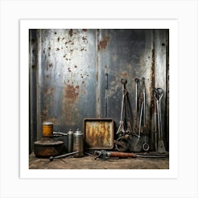 A Collection Of Vintage Industry Tools Scattered In The Foreground Features Highlighted By A Grungy 2 1 Art Print