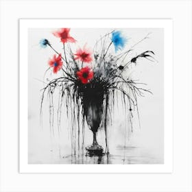 Flowers In A Vase Stephen Gammell style, dessin, aquarelle, aquarelles, noir et blanc et rouge , de marais, de sombres créatures, dégoulinant, pink and blue flowers in a vase placed on a table2 Art Print