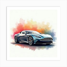 Aston Martin Dbs Superleggera On A Colorful Watercolor Background, No Signature Or Logo 1 Art Print