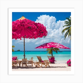 Beautiful Flowers Umbrella On The Beach Art Print