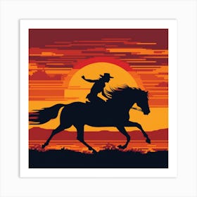 Cowgirl Riding A Mustang At Sun Dawn - Minimal Color Pixel Art Illustration Art Print