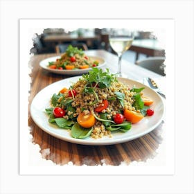 Watercolor Image Of A Fresh And Vibrant Quinoa Salad With Roasted Veggies On A Chic Restaurant Table Art Print