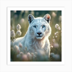 Pure White Snow Lepord Deep Blue Eyes Looking At Camera Walking Through A Field Of Flowers, Pettles Long Grass Art Print