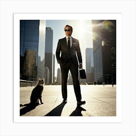 Businessman Wearing Sunglasses Accompanied By A Cat Playing At His Feet Downtown Skyscrapers Loomin (3) Art Print