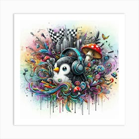 Penguin With Headphones 3 Art Print