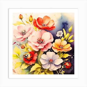 Watercolor Flowers With Ladybugs Art Print