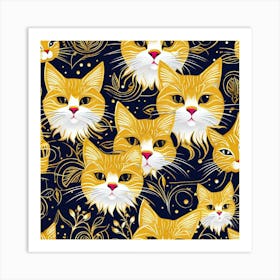 Yellow Cats On A Black Background Art Print