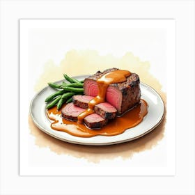 Watercolor Art Of A Classic And Flavorful Roast Beef With Gravy On A Stylish Dining Table Art Print