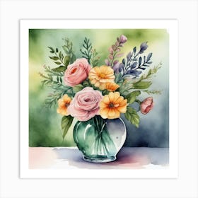 Watercolor Flowers In A Vase 1 Art Print