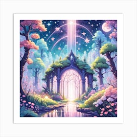 A Fantasy Forest With Twinkling Stars In Pastel Tone Square Composition 84 Art Print