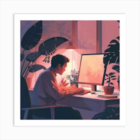 Illustration Of A Man Working At His Computer Art Print