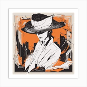 A Silhouette Of A Man Wearing A Black Hat And Laying On Her Back On A Orange Screen, In The Style Of (7) Art Print