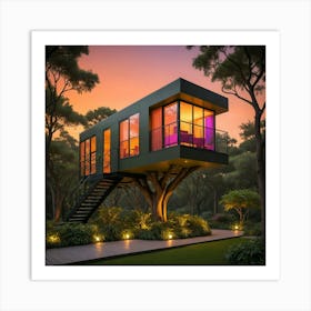 Tree House At Dusk 1 Art Print