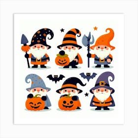 Set of 6 Halloween Gnomes - Cute Vector style Illustration Art Print