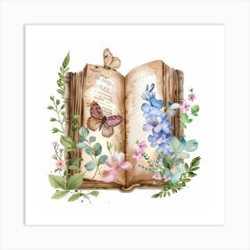 Watercolor Book With Flowers And Butterflies Art Print