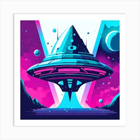 Alien Spaceship 69, Futuristic space station, Sci-fi art, Space exploration, Spaceship, Starfield, Nebula, Alien planet, Sci-fi adventure wall decor, Children’s nursery illustration, Kids' room decor Art Print