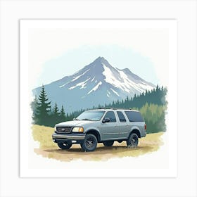 Modern Vehicle With A Mountain Backdrop, Watercolor Painting 1 Art Print