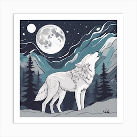 Sticker Art Design, Wolf Howling To A Full Moon, Kawaii Illustration, White Background, Flat Colors, (4) 1 Art Print
